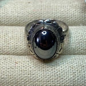 Vintage Sterling Silver 925 Oval Hematite Cabochon Ring Sz 8